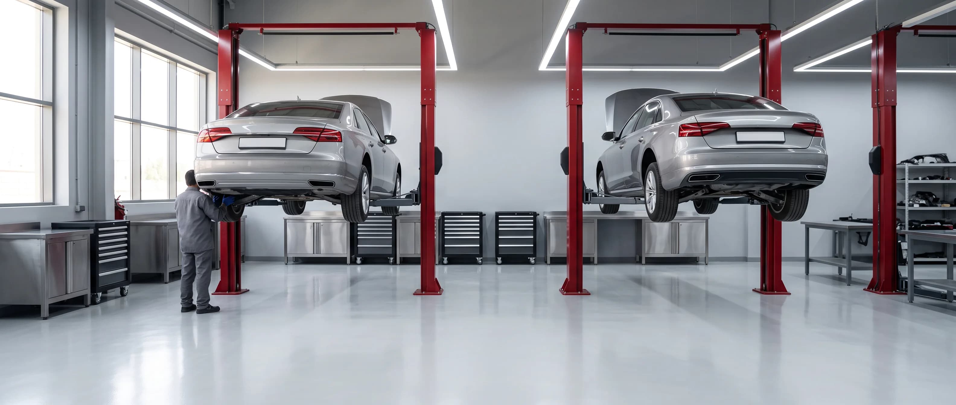 Audi service workshop Riyadh — main bay واجهة ورشة صيانة اودي بالرياض وسيارات اودي داخل الورشة
